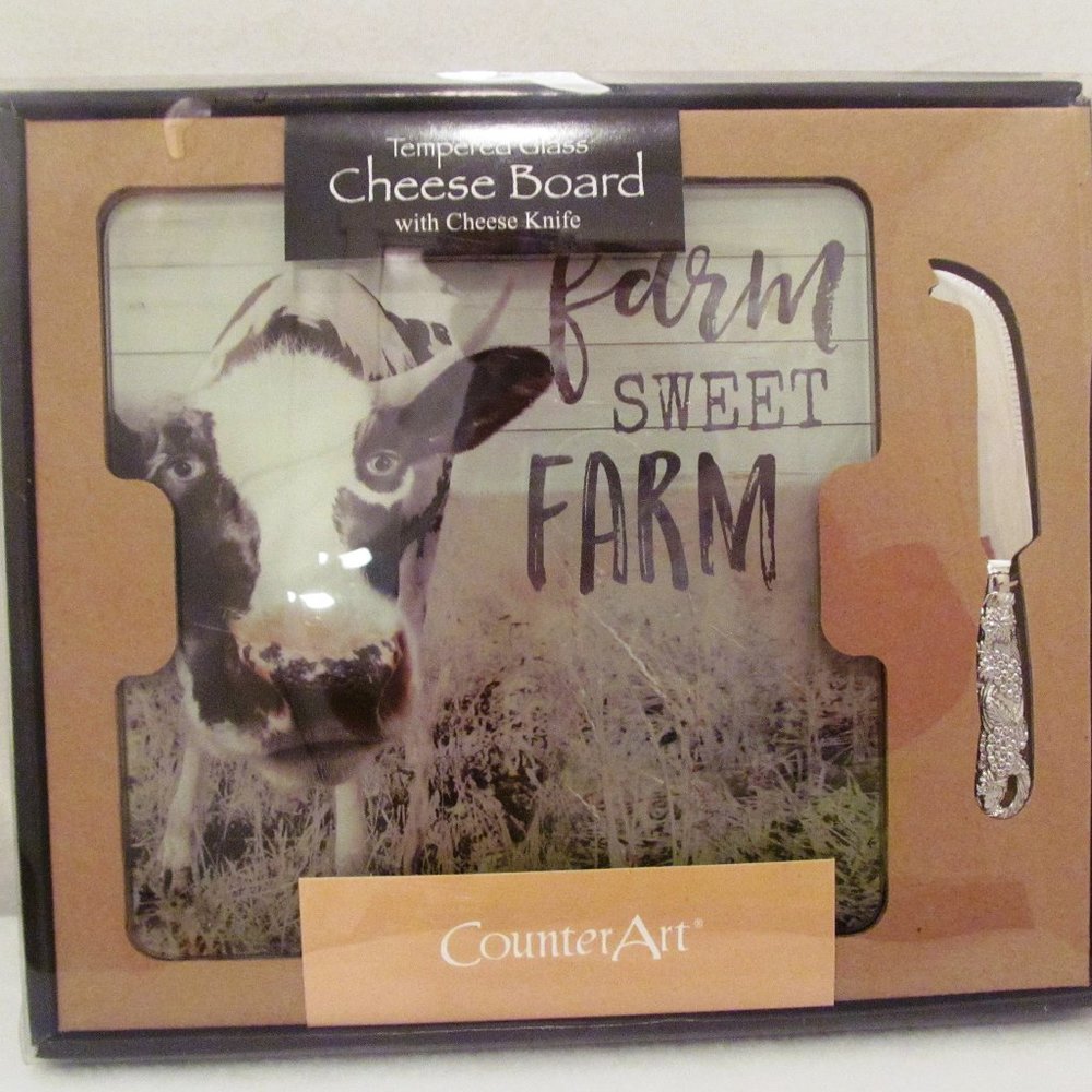 CounterArt Glass Cheese Board Farm Life with Knife